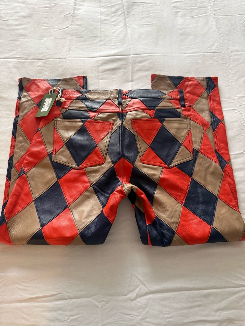 Patchwork Leather Pants in Red, Navy & Tan